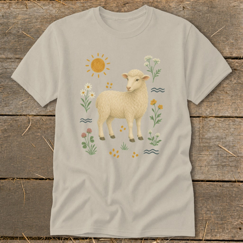 Cream t-shirt with a cream sheep illustration surrounded by wildflowers and sun.