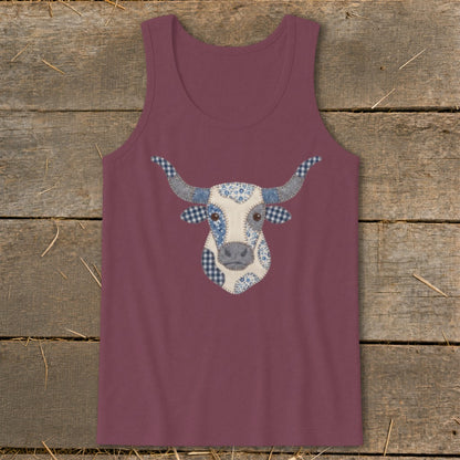 Maroon tank top with a patchwork bull face and horns graphic.