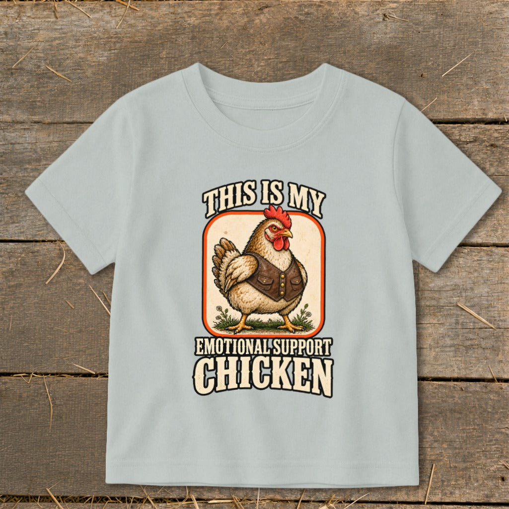 Light blue t-shirt with chicken graphic and text "This Is My Emotional Support Chicken".
