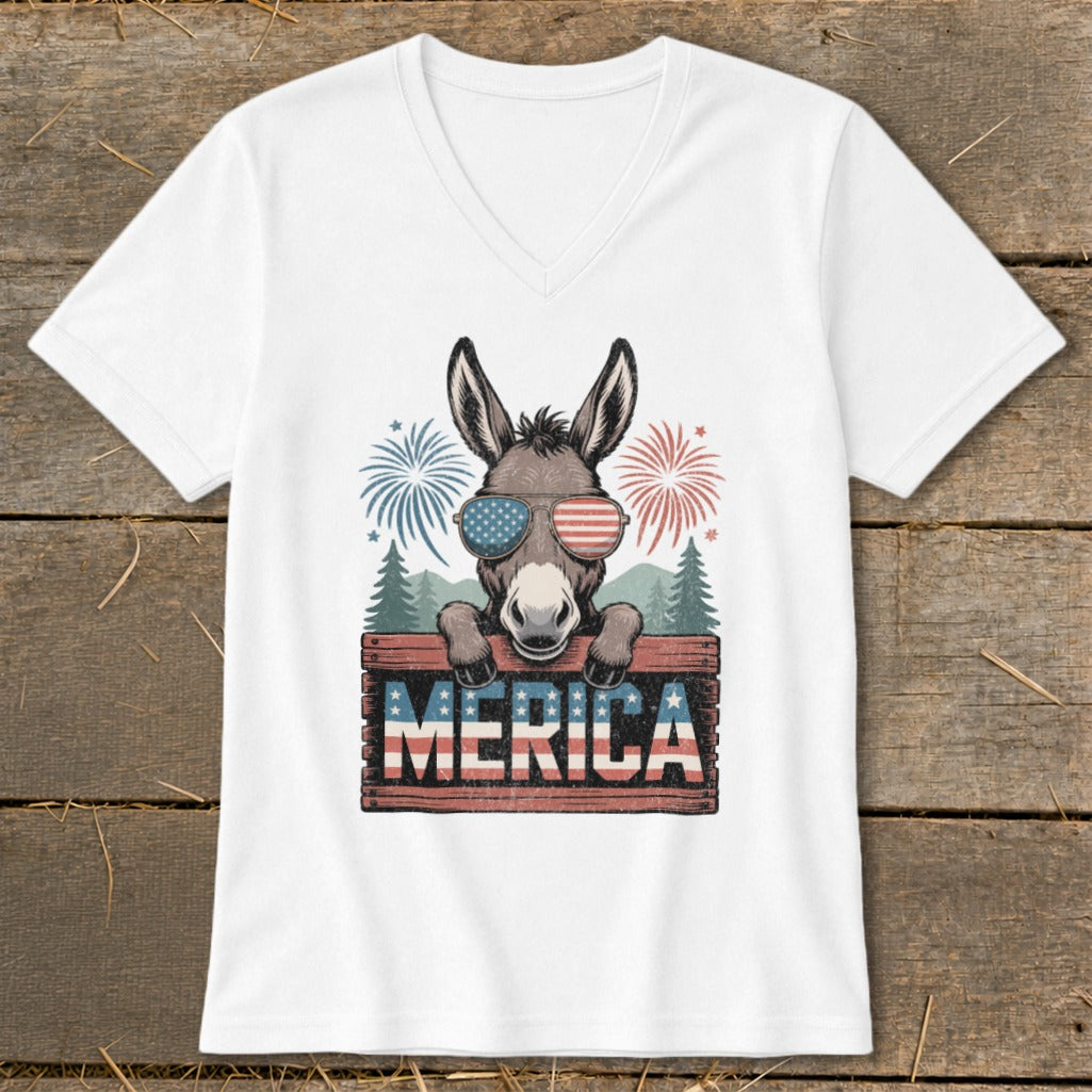 Donkey wearing American flag sunglasses with fireworks and "Merica" text.