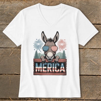 Donkey wearing American flag sunglasses with fireworks and "Merica" text.