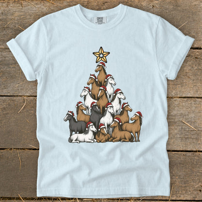 Christmas tree made of horses wearing Santa hats, topped with a star.
