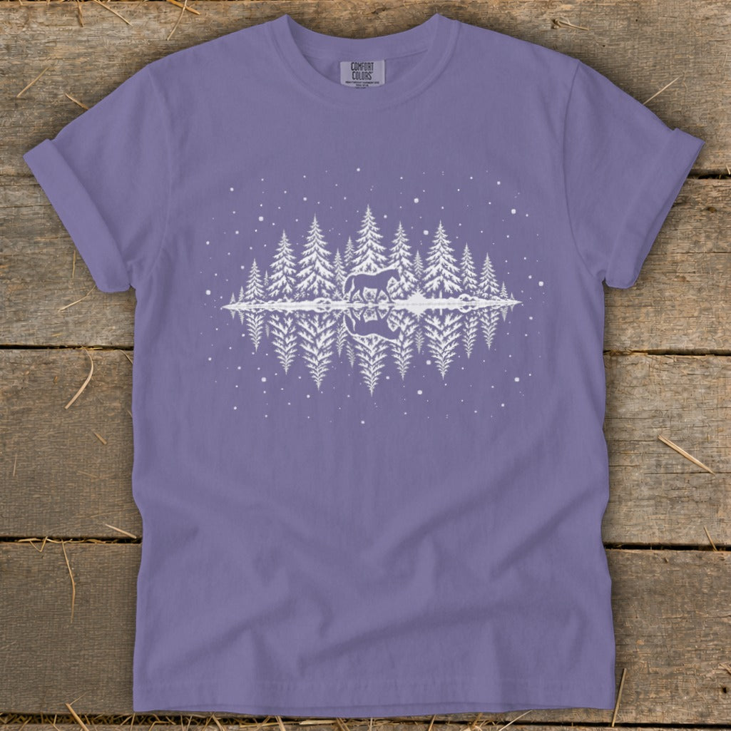 Purple t-shirt with white graphic of horse and trees reflected in water.