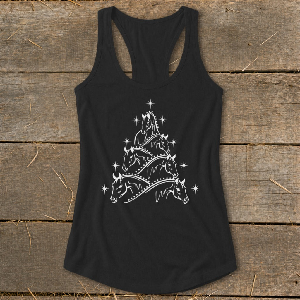 Black racerback tank top with a white Christmas tree made of horse heads and stars.