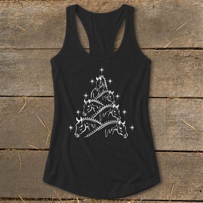 Black racerback tank top with a white Christmas tree made of horse heads and stars.