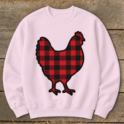 Pink crewneck sweatshirt with a red and black buffalo plaid chicken graphic.