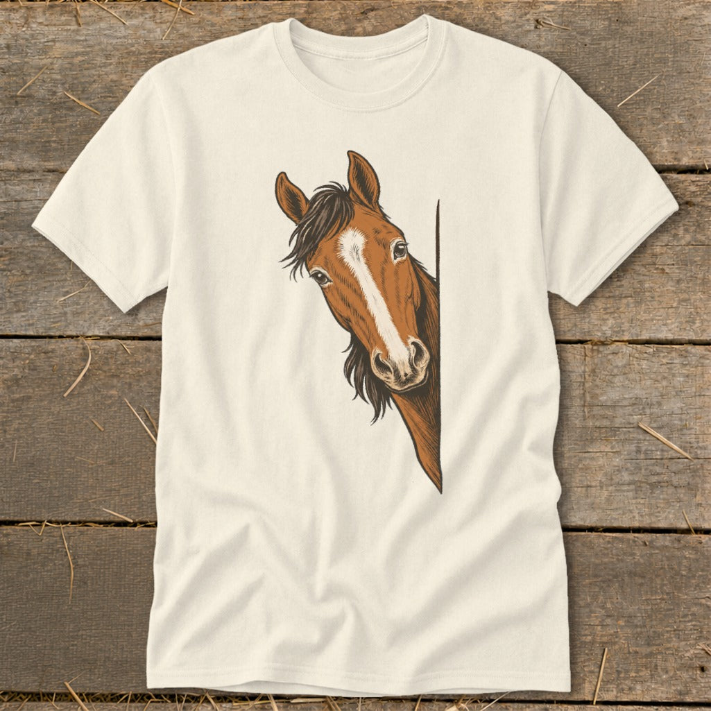 Cream t-shirt with a brown horse peeking from the right side.