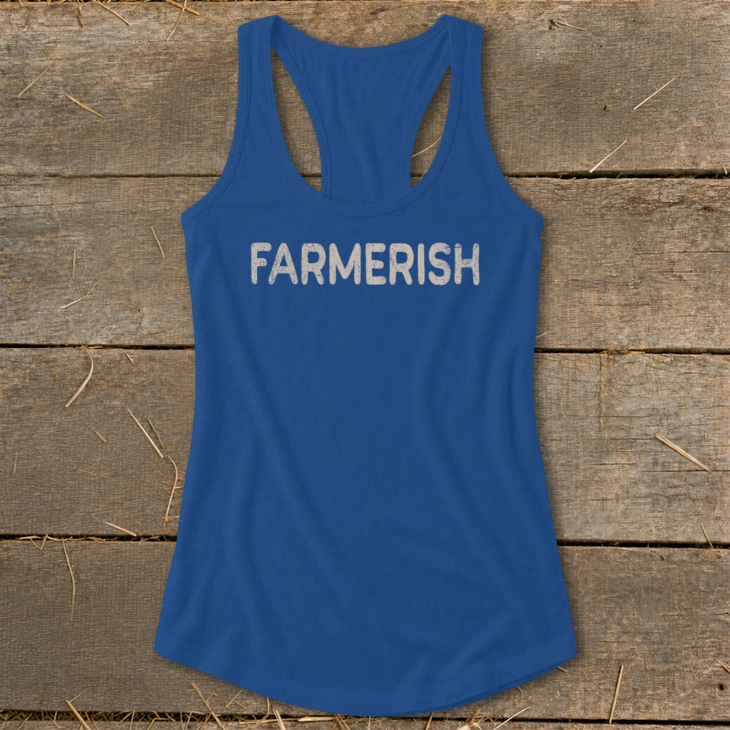 Blue racerback tank top with "FAR MERISH" text in distressed white.