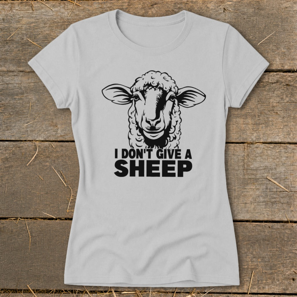 Grey t-shirt with a graphic of a sheep and text "I DON'T GIVE A SHEEP".