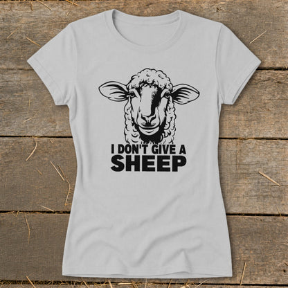 Grey t-shirt with a graphic of a sheep and text "I DON'T GIVE A SHEEP".