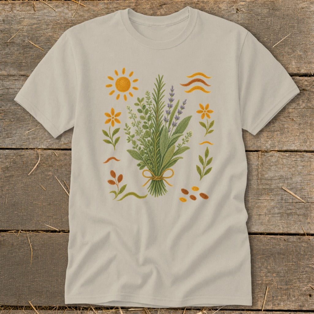 Cream t-shirt with embroidered bouquet of herbs, flowers, sun, and wavy lines.