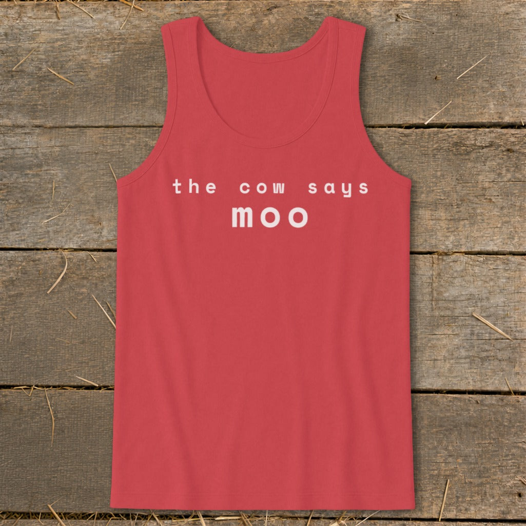 Red tank top with white text that says "the cow says moo".
