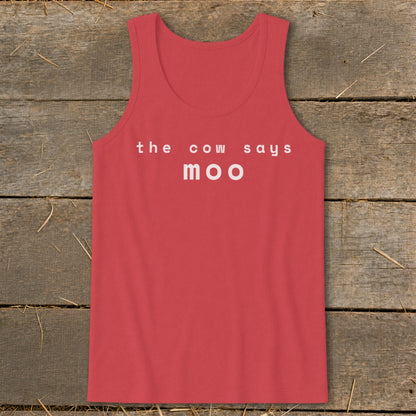 Red tank top with white text that says "the cow says moo".