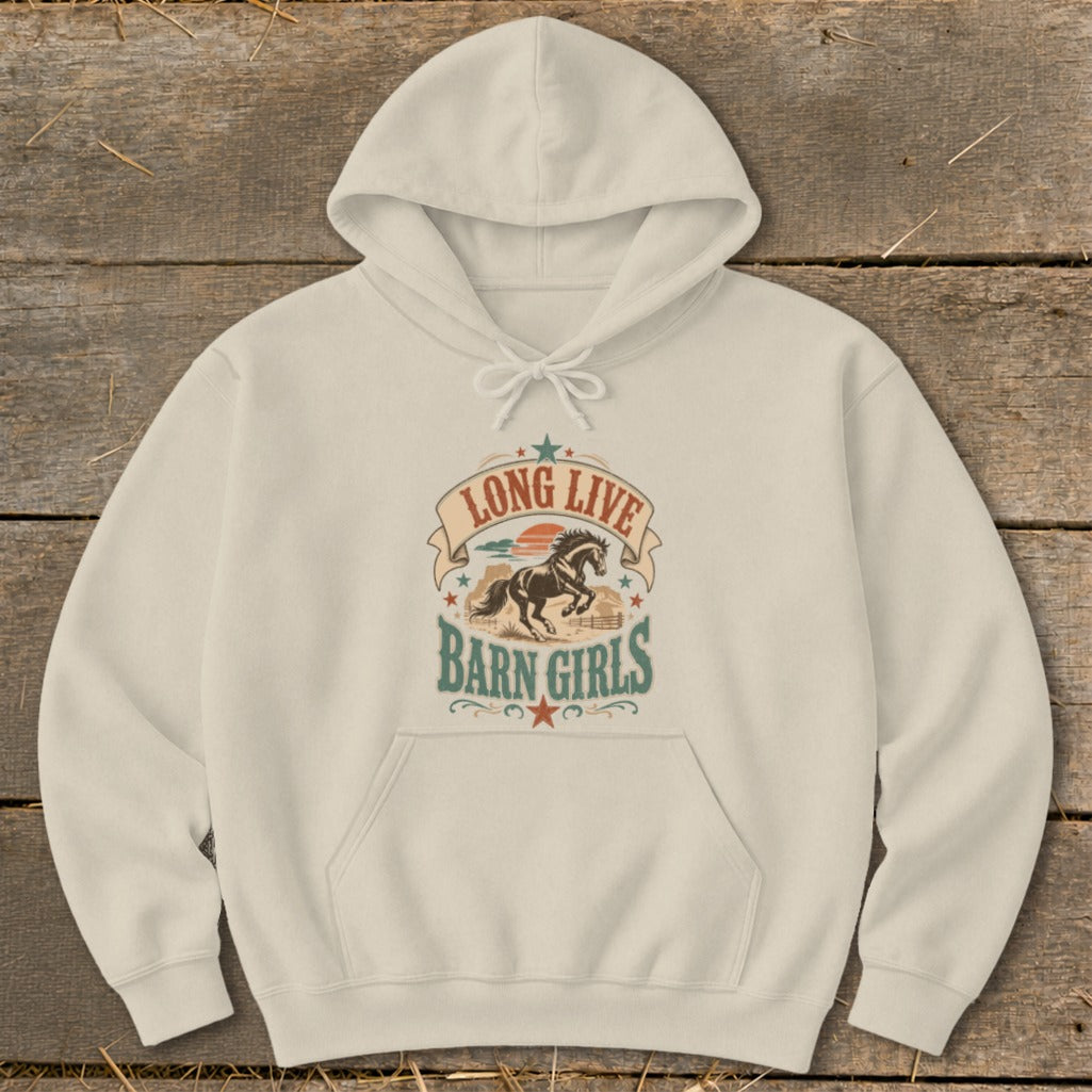 Cream hoodie with a "Long Live Barn Girls" graphic featuring a horse and sunset.