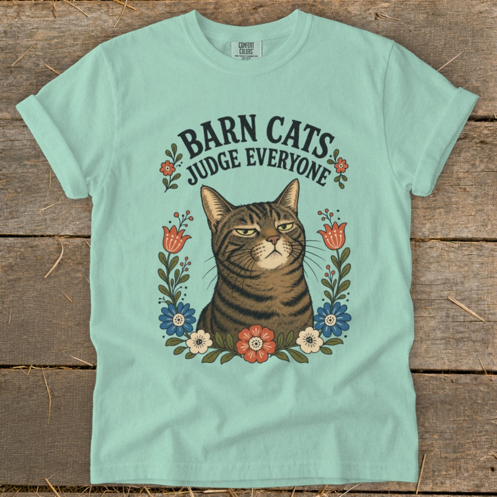 Mint t-shirt with a tabby cat illustration and the text "Barn Cats Judge Everyone".