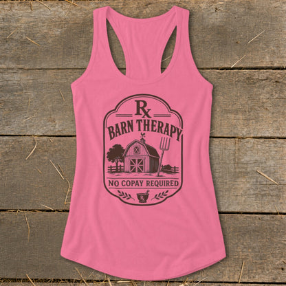Pink tank top with "Barn Therapy" Rx graphic and "No Copay Required" text.