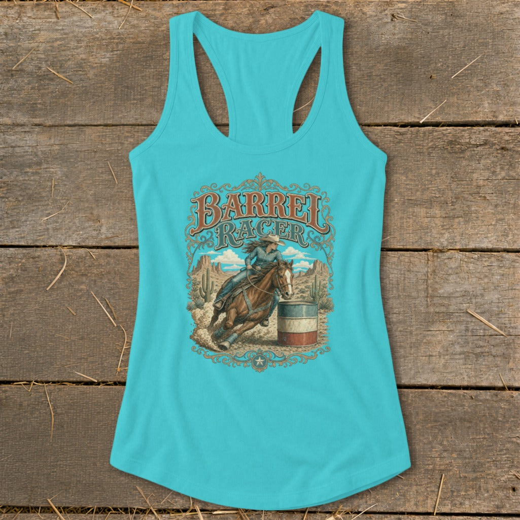 Turquoise tank top with a "Barrel Racer" graphic depicting a rodeo scene in a desert landscape.