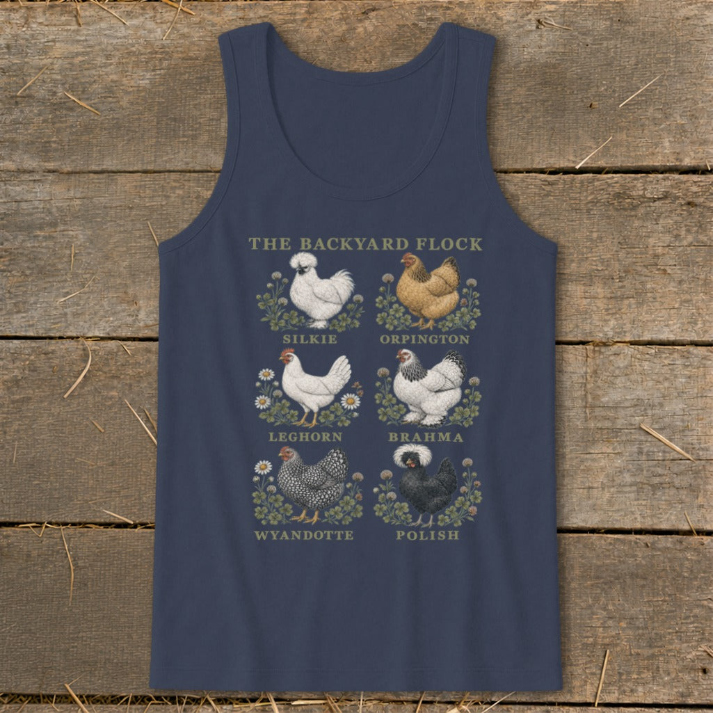 Dark blue tank top with "The Backyard Flock" text and illustrations of six chicken breeds.