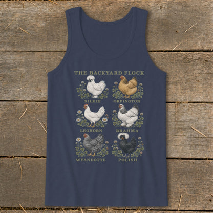 Dark blue tank top with "The Backyard Flock" text and illustrations of six chicken breeds.