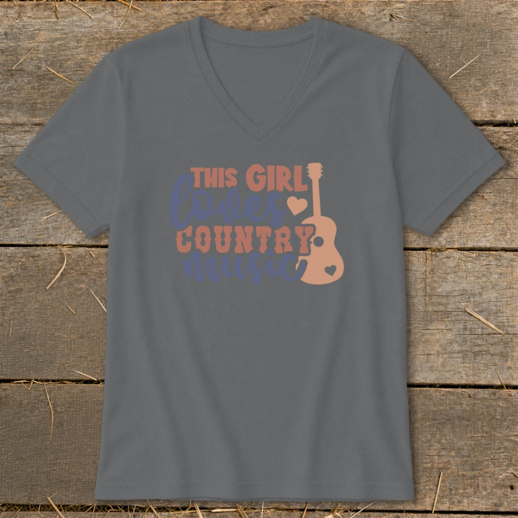 Gray v-neck t-shirt with "This Girl Loves Country Music" and guitar graphic.