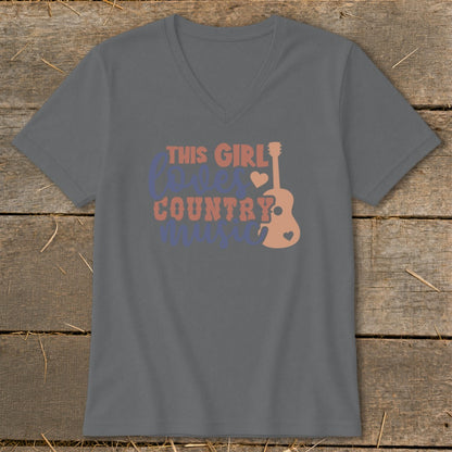 Gray v-neck t-shirt with "This Girl Loves Country Music" and guitar graphic.