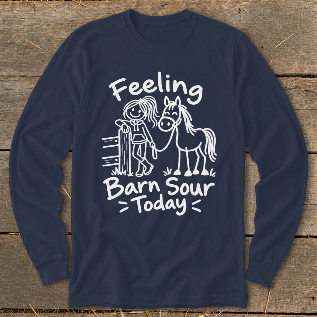 Navy long sleeve shirt with white text and graphic of a girl and horse.