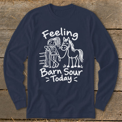 Navy long sleeve shirt with white text and graphic of a girl and horse.