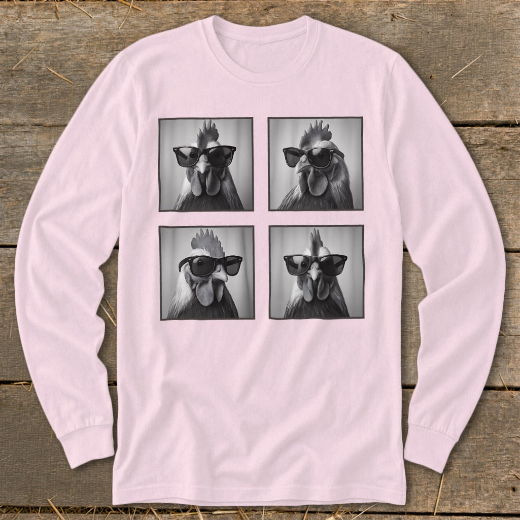 Four black and white portraits of roosters wearing sunglasses arranged in a grid.