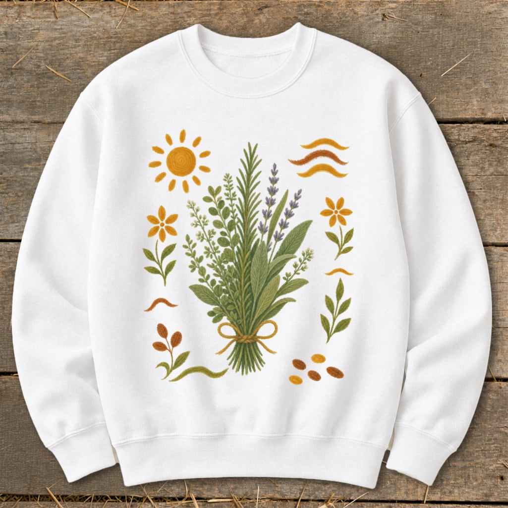 White sweatshirt with a botanical illustration of herbs, flowers, sun, and wavy lines.