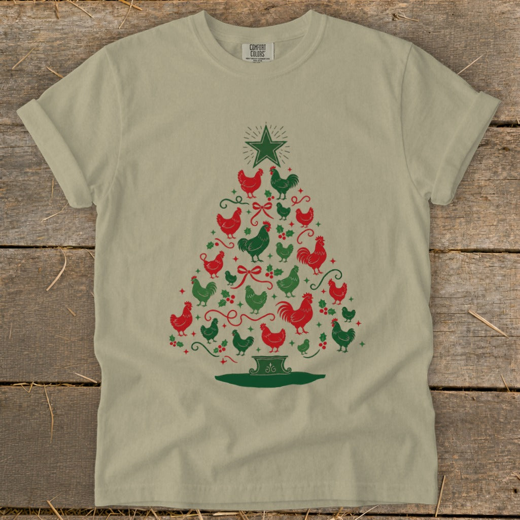 Tan t-shirt with a Christmas tree made of red and green chickens.