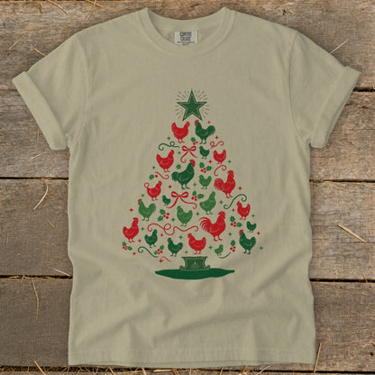 Tan t-shirt with a Christmas tree made of red and green chickens.