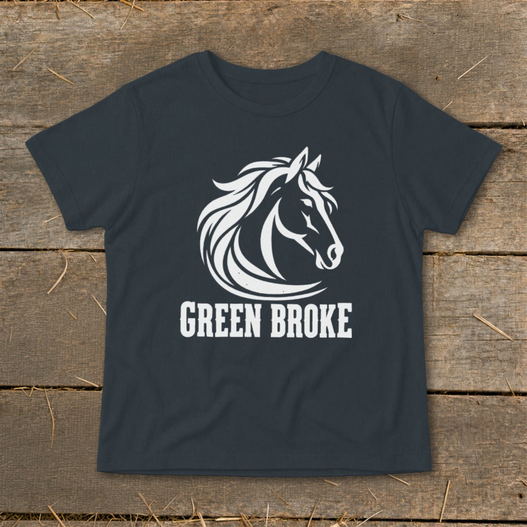Dark gray short-sleeved t-shirt featuring a white horse head logo and the text Green Broke.