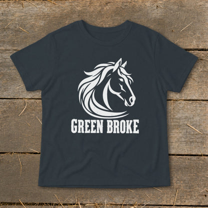 Dark gray short-sleeved t-shirt featuring a white horse head logo and the text Green Broke.