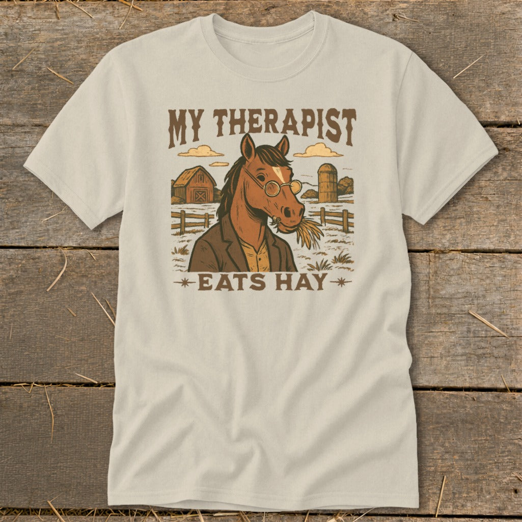 Graphic of a horse with glasses eating hay, "My Therapist Eats Hay" text.