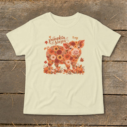 Cream t-shirt with a pig made of flowers and pumpkins, with "pumpkin season" text.
