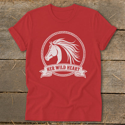 Red t-shirt with white horse head in rope circle and "HER WILD HEART" banner.