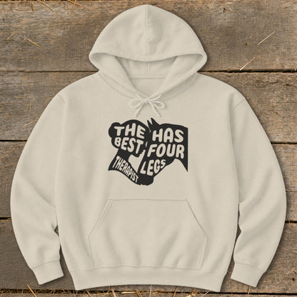 Light beige hoodie with "The therapist has best four legs" graphic.