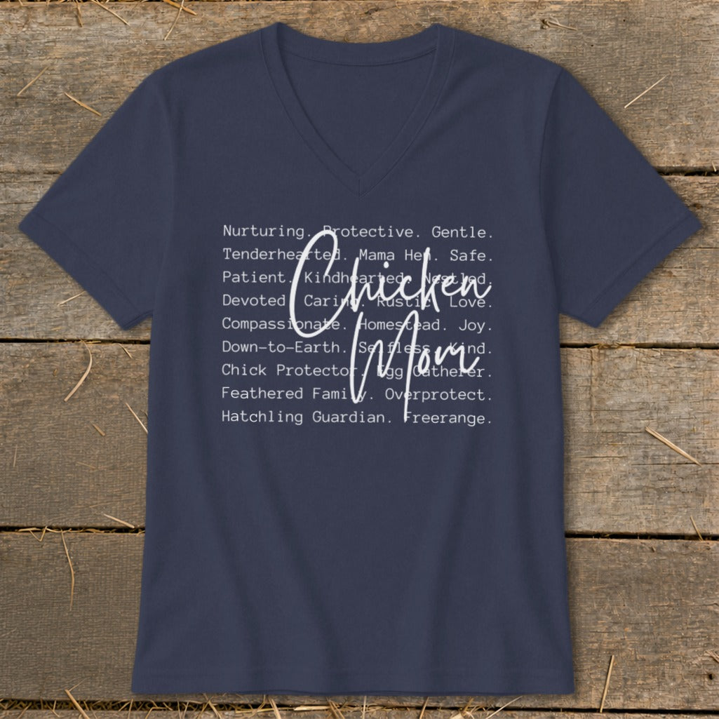 Navy v-neck t-shirt with "Chicken Mom" and descriptive words in white text.