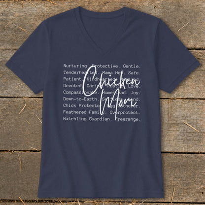 Navy v-neck t-shirt with "Chicken Mom" and descriptive words in white text.