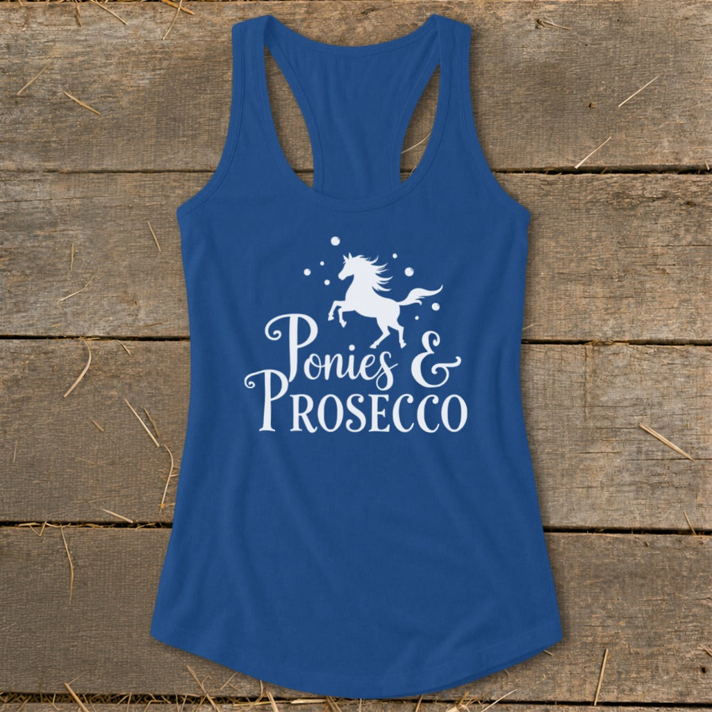 Blue tank top with white graphic of a galloping horse and text "Ponies & Prosecco".