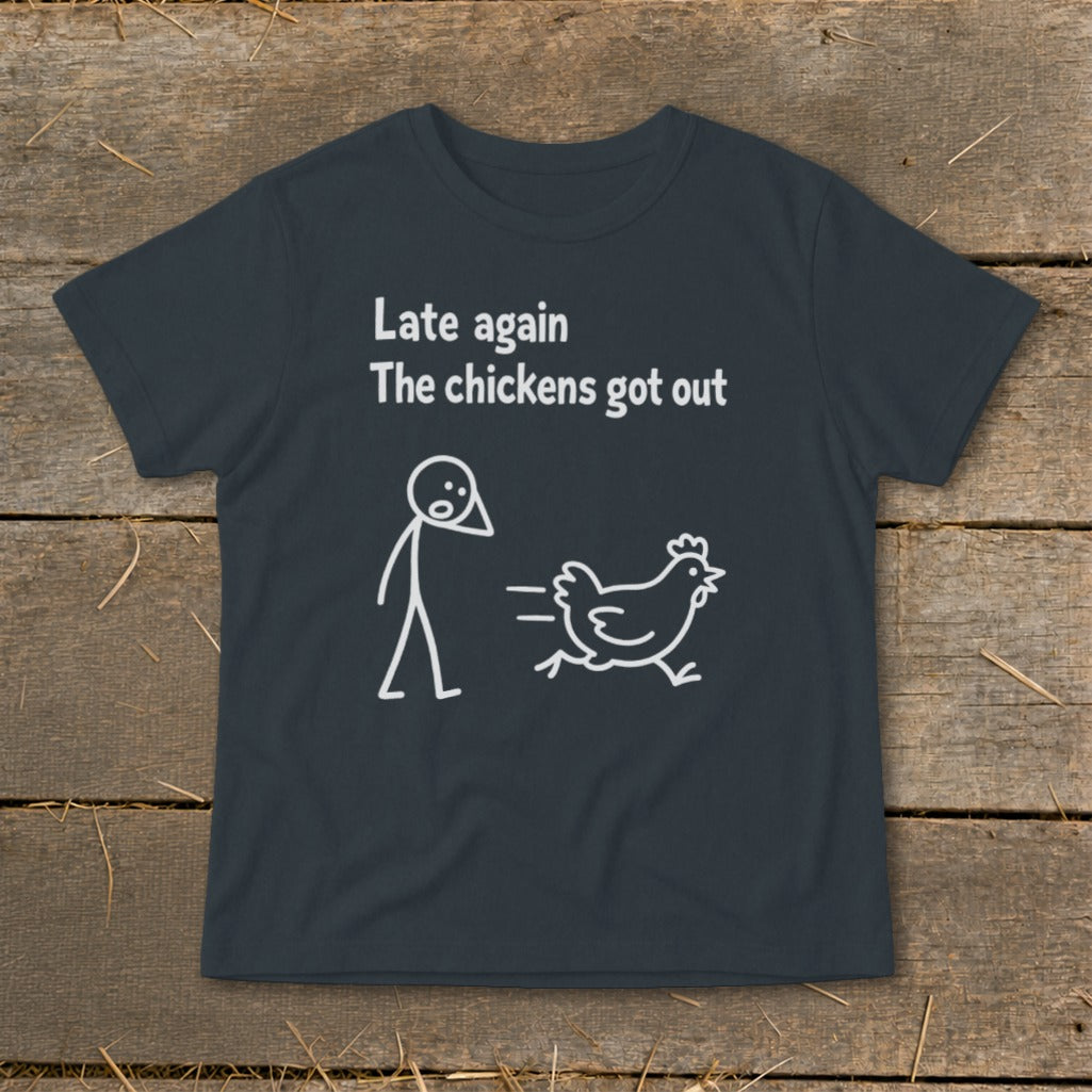 Dark grey t-shirt with white text and graphic of a person and running chicken.