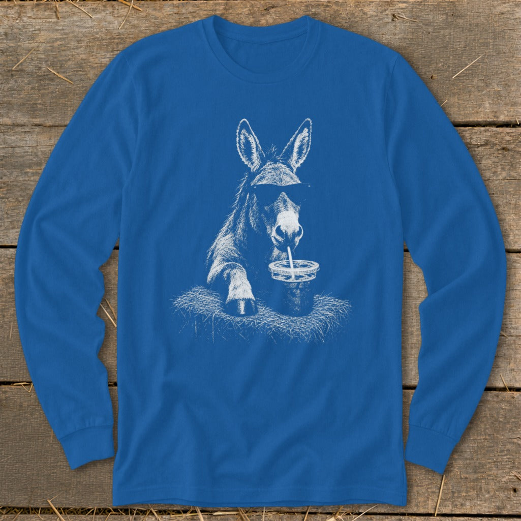 Donkey wearing sunglasses, drinking from a cup with a straw, on a royal blue long-sleeve shirt.