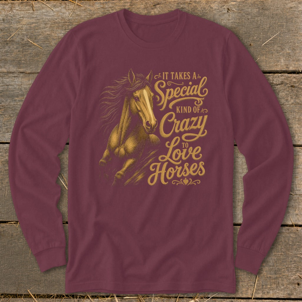 Maroon long-sleeve shirt with a golden horse graphic and text "It takes a special kind of crazy to love horses."