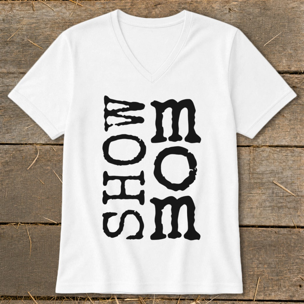 White V-neck t-shirt with black bold text reading "SHOW MOM".
