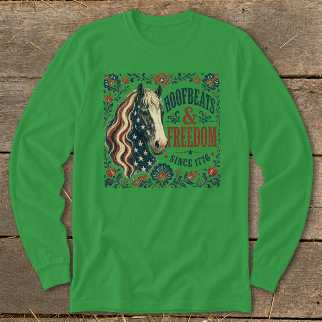 Green long sleeve shirt with a horse head and "Hoofbeats & Freedom Since 1776" text.