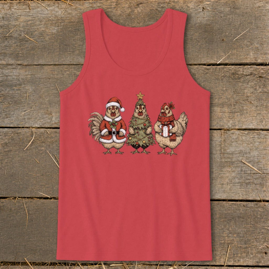 Three chickens in Christmas attire, one as Santa, one as a tree, one with a gift.