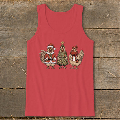 Three chickens in Christmas attire, one as Santa, one as a tree, one with a gift.
