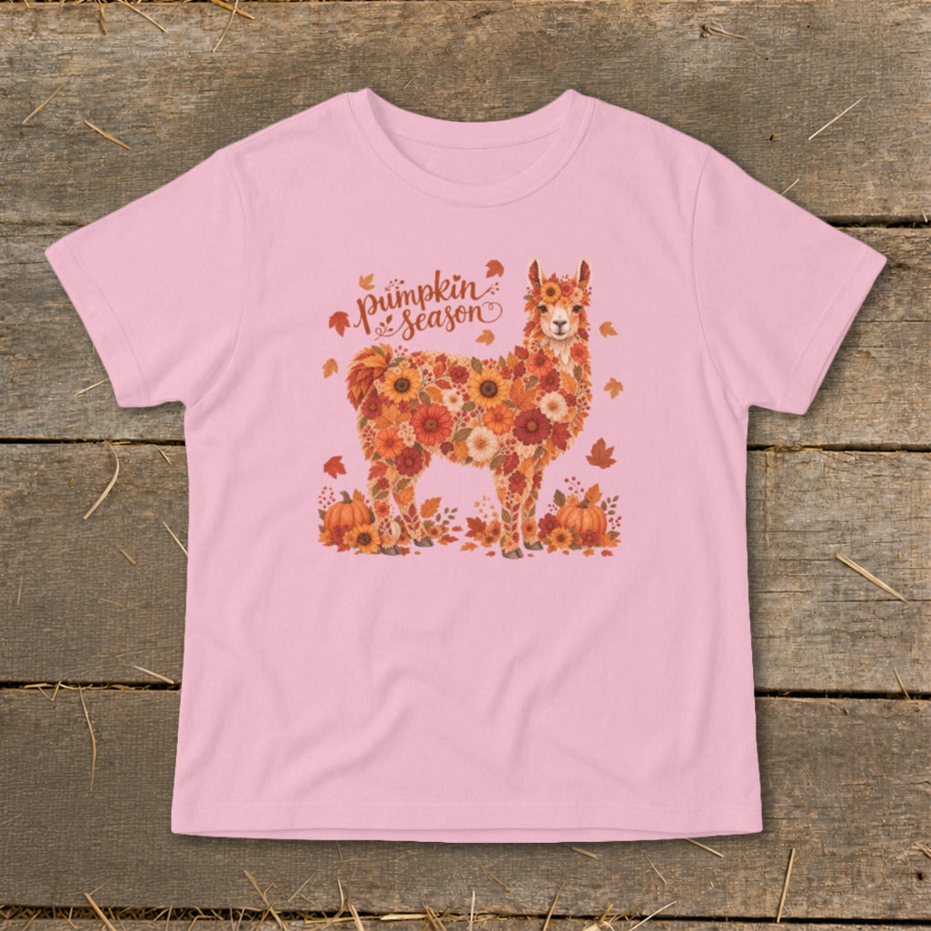 Pink t-shirt with floral llama graphic and "pumpkin season" text.