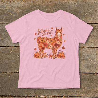 Pink t-shirt with floral llama graphic and "pumpkin season" text.