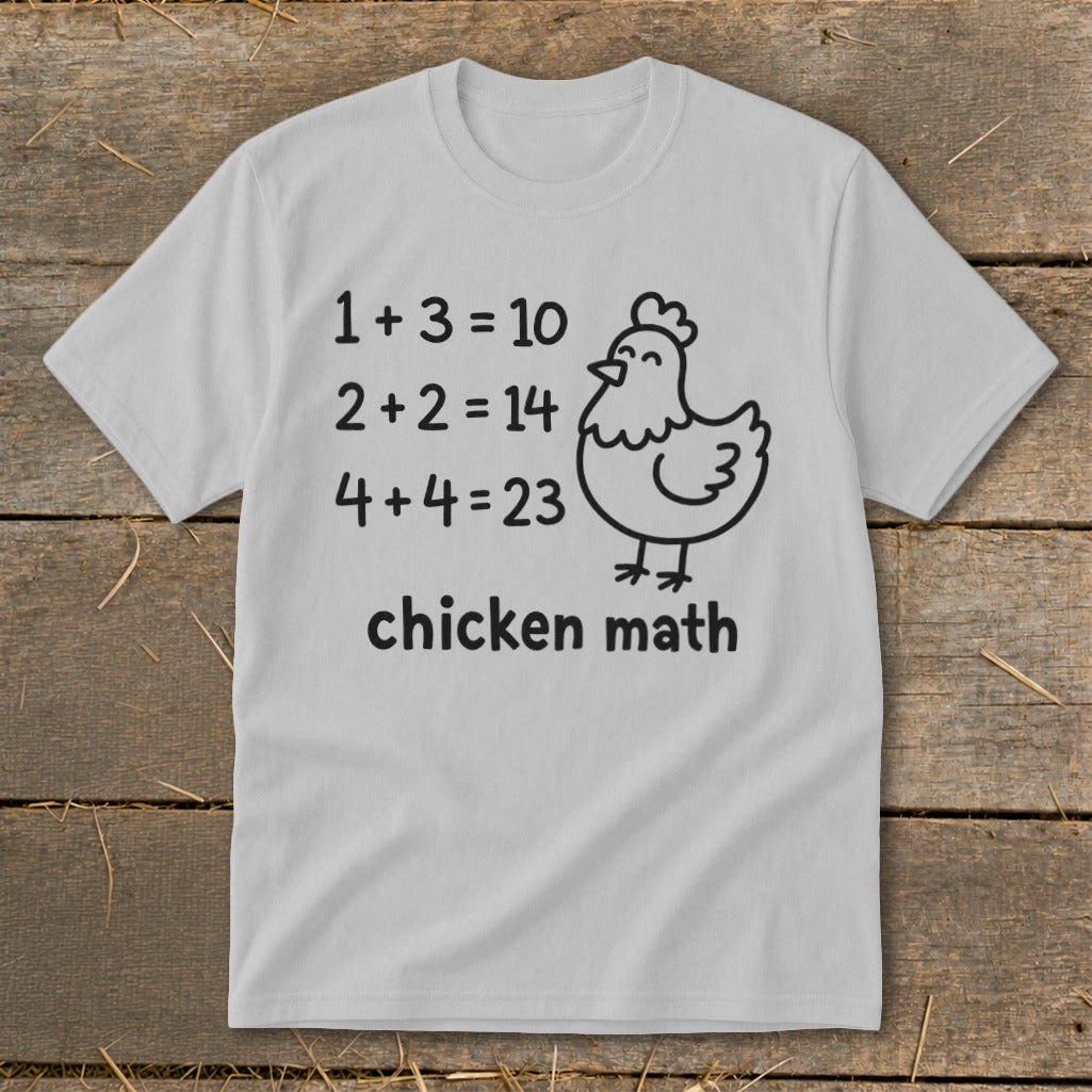 White t-shirt with black text and chicken graphic saying "chicken math".